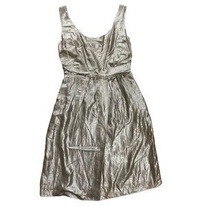 Elie Tahari Metallic Pewter Midi Dress Silk Blend Sleeveless Size 12 Modern Chic